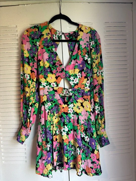 AFRM Floral Cut-Out Mini Dress Open Back Long Sleeve Size S Spring Summer - Picture 2 of 13